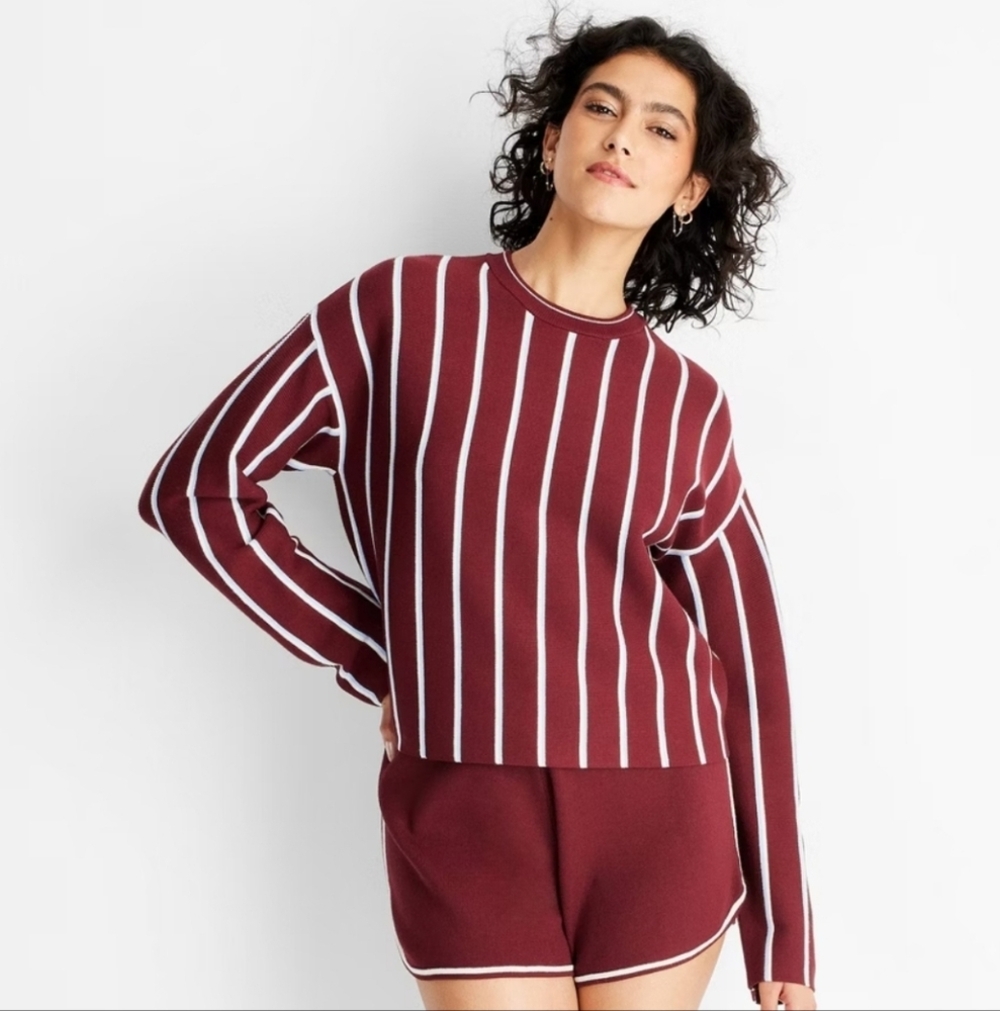 Women's Crew Neck Sweater - Future Collective Burgundy Striped S